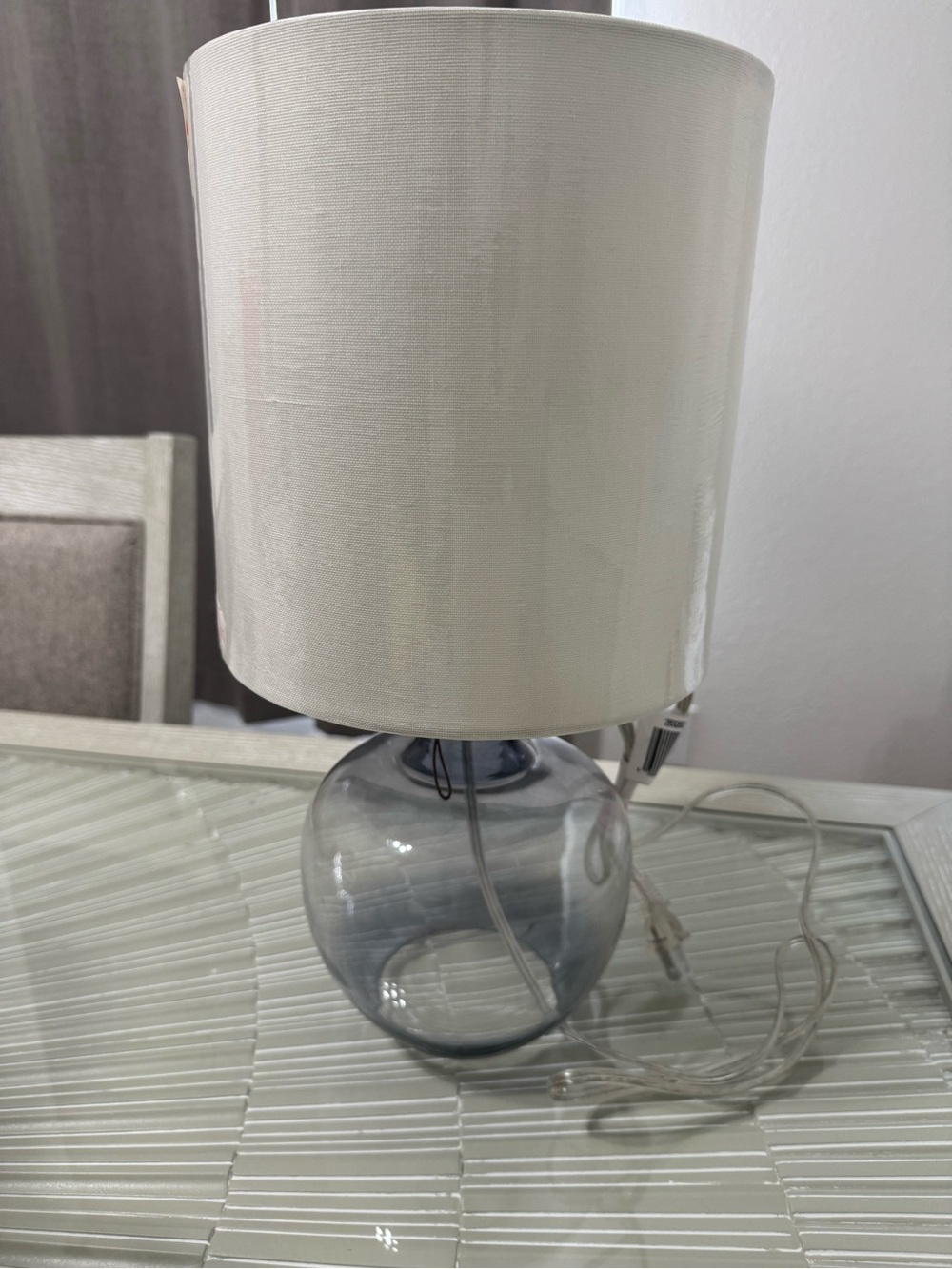 Neutral White Drum Table Lamp with Smoky Glass Base